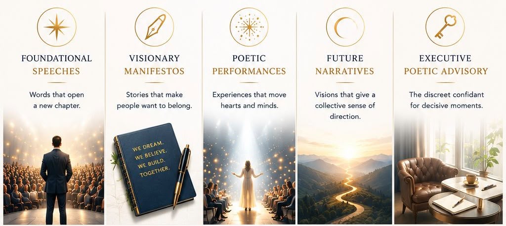 Foundational speeches: words that open a new chapter. Visionary manifestos: stories that make people want to belong. Poetic performances: experiences that move hearts and minds. Future narratives: visions that give a collective sense of direction. Executive poetic advisory: the discreet confidant for decisive moments.