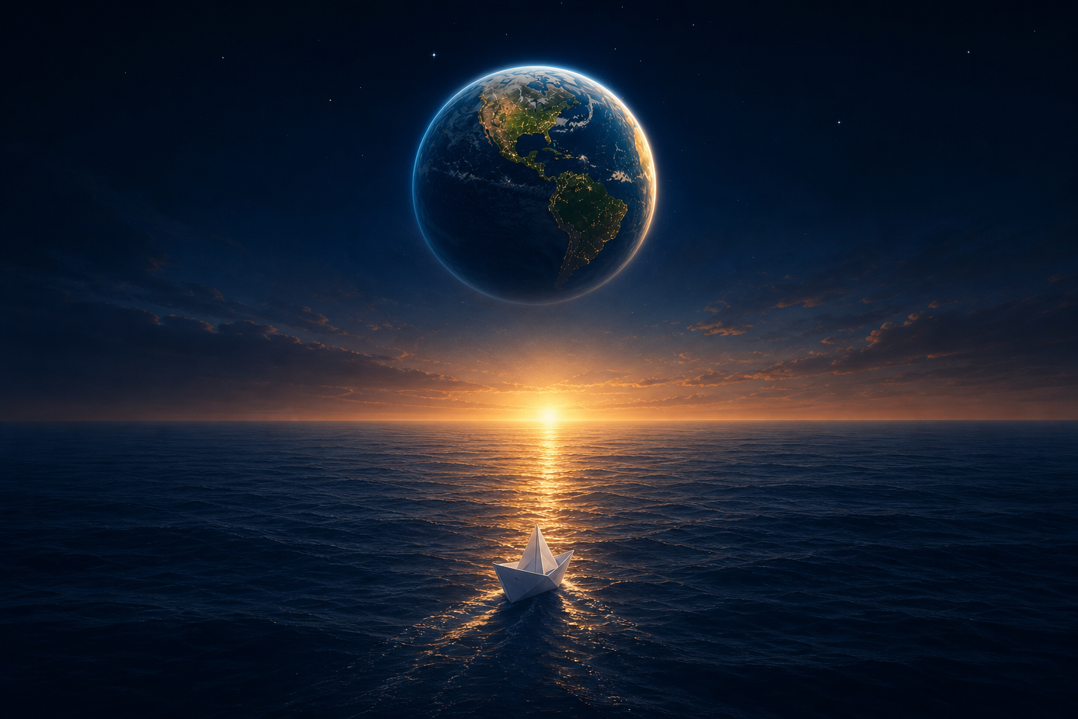 Un bateau de papier avance vers un horizon lumineux sous la Terre